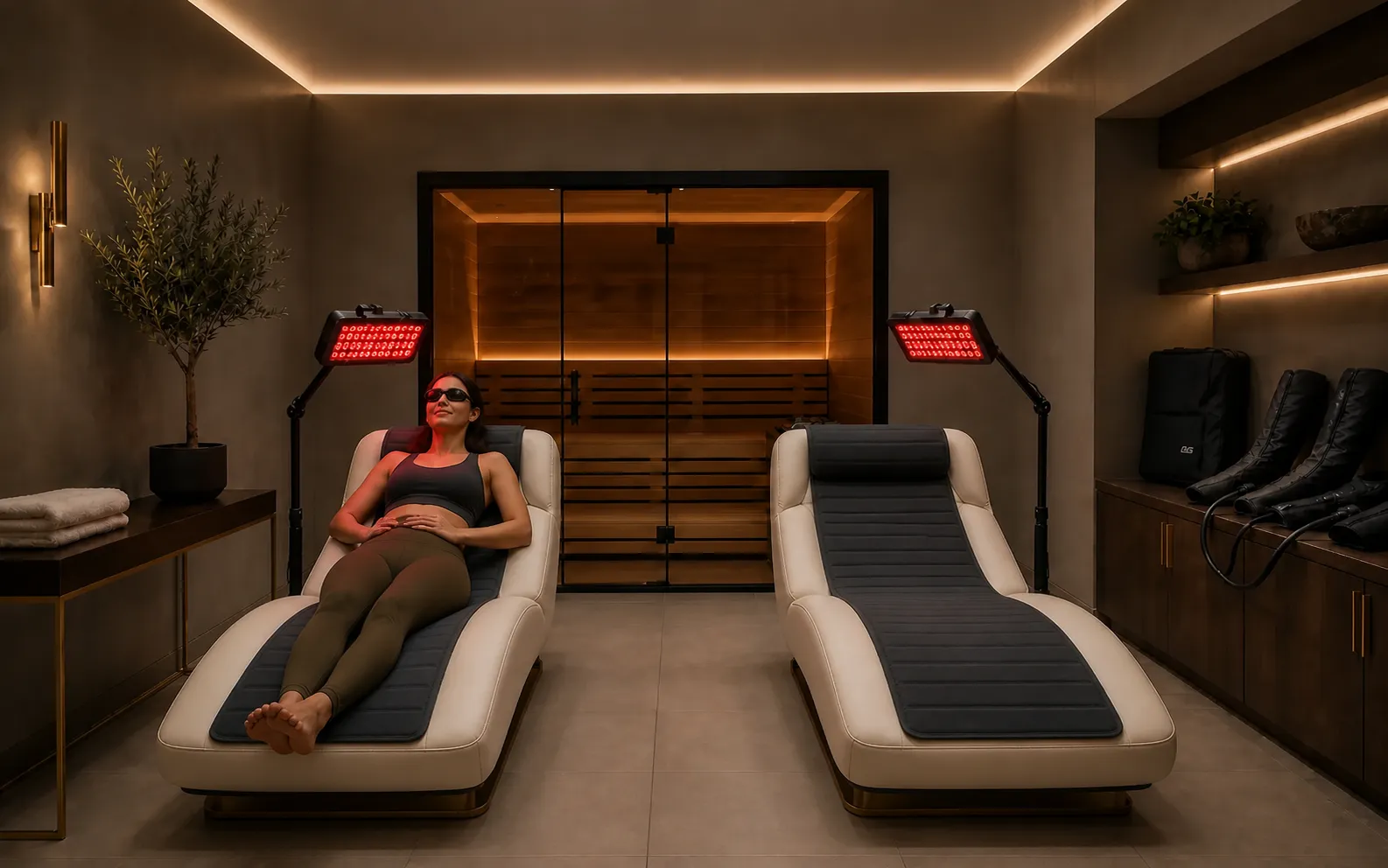 Adult female model reclining on a premium full-length covered lounger under one of two planned red-light panels