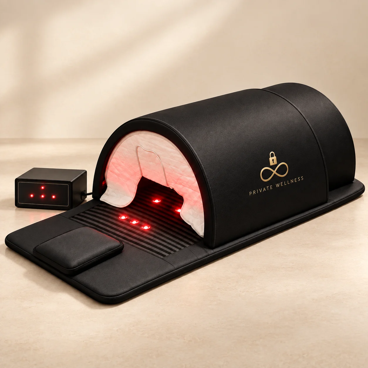 Black Private Wellness sauna dome, padded mat and wired controller, with a complete gold infinity and lock logo